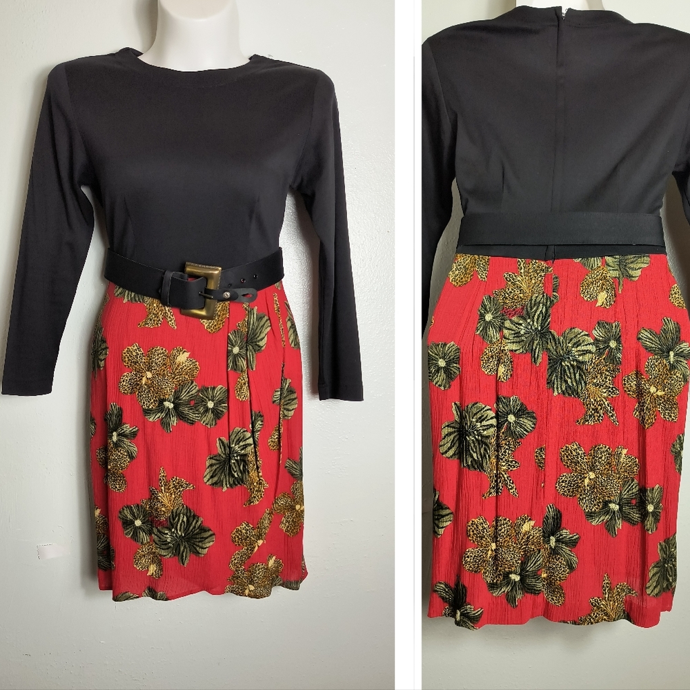 Carole Little Artsy Vtg Y2K Faux Wrap Combo Dress Belted 10 Animal Print Floral